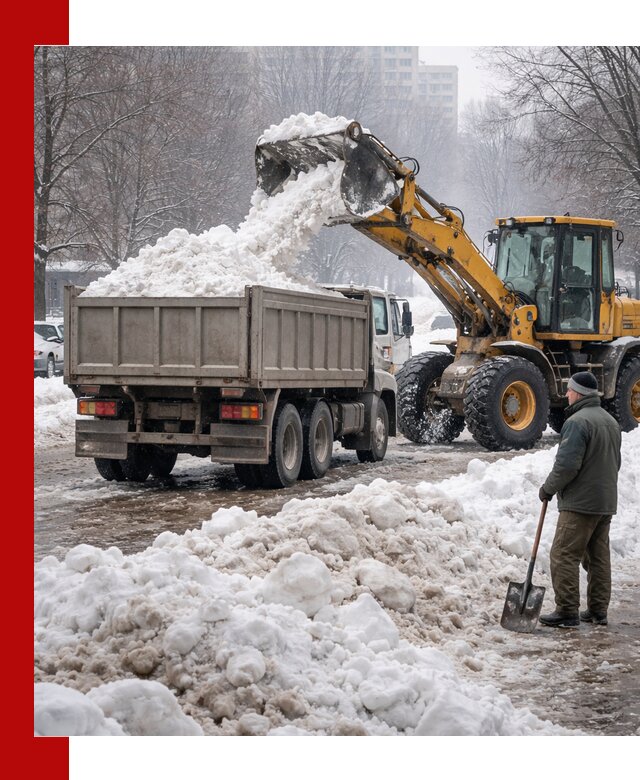 Вывоз снега грузовой техникой в Долгопрудном оперативно и чисто